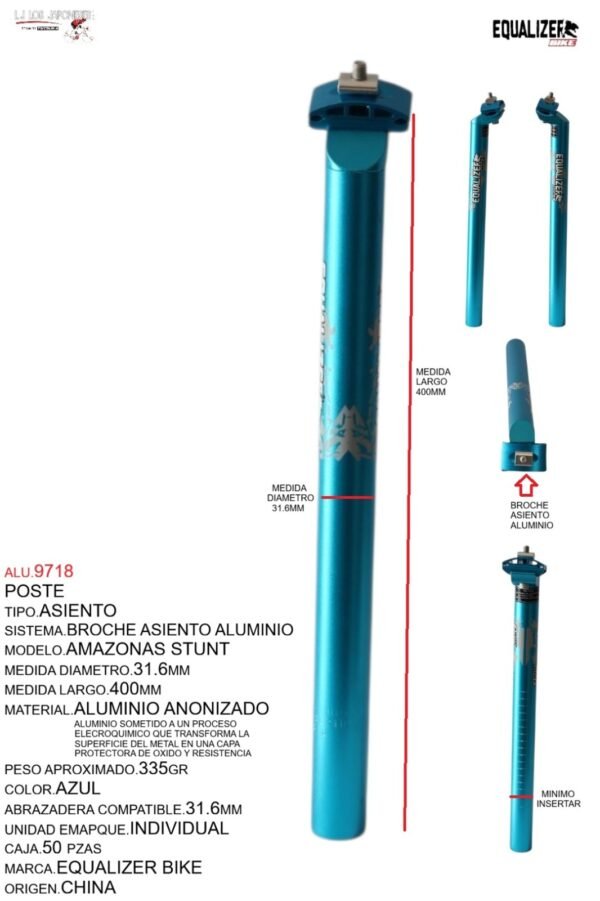 POSTE ASIENTO 31.6  ALUMINIO 400MM AZUL ANODIZADO C/BROCHE MARCA KEYZER MODELO AMAZONAS STUNT
