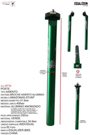 ALU.9719 POSTE ASIENTO 31.6 ALUMINIO 400MM VERDE ANODIZADO C/BROCHE MARCA KEYZER MODELO AMAZONAS STUNT
