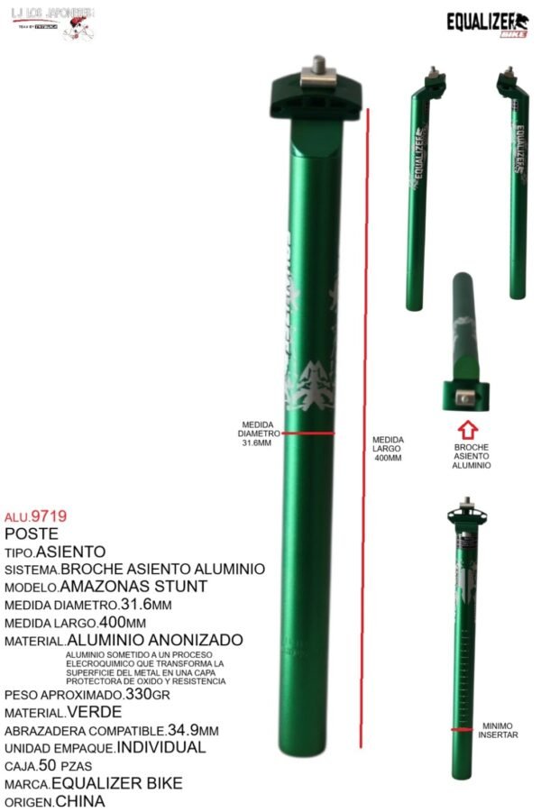 POSTE ASIENTO 31.6  ALUMINIO 400MM VERDE  ANODIZADO C/BROCHE MARCA KEYZER MODELO AMAZONAS STUNT