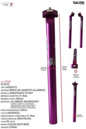 ALU.9720 POSTE ASIENTO 31.6 ALUMINIO 400MM MORADO ANODIZADO C/BROCHE MARCA KEYZER MODELO AMAZONAS STUNT