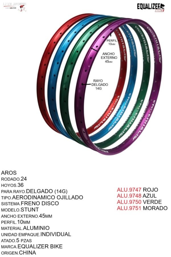 ARO 24X36 AERODINAMICO OJILLADO EQUALIZER BIKE (45MM) MODELO STUNT MARCA EQUALIZER COLOR ROJO