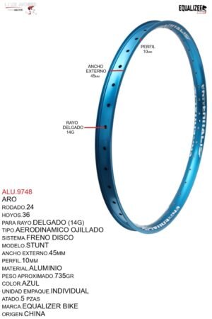 ARO 24X36 AERODINAMICO OJILLADO EQUALIZER BIKE (45MM) MODELO STUNT MARCA EQUALIZER COLOR AZUL