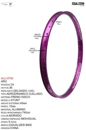 ARO 24X36 AERODINAMICO OJILLADO EQUALIZER BIKE (45MM) MODELO STUNT MARCA EQUALIZER COLOR MORADO