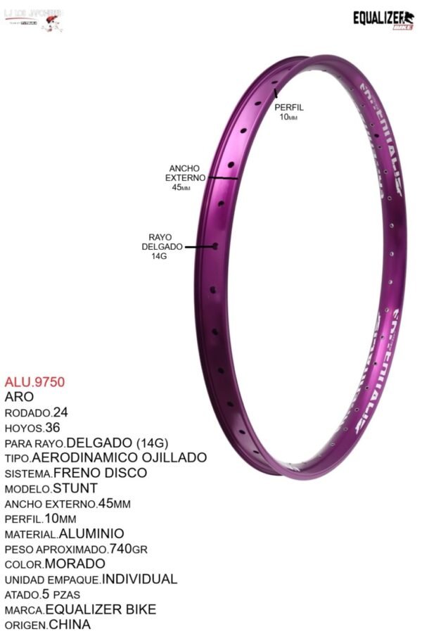 ARO 24X36 AERODINAMICO OJILLADO EQUALIZER BIKE (45MM) MODELO STUNT MARCA EQUALIZER COLOR MORADO