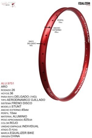 ARO 26X36 AERODINAMICO OJILLADO  (45MM) MODELO STUNT MARCA EQUALIZER COLOR ROJO