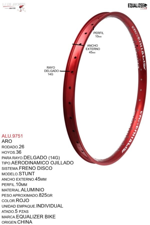 ALU.9751 ARO 26X36 AERODINAMICO OJILLADO (45MM) MODELO STUNT MARCA EQUALIZER COLOR ROJO