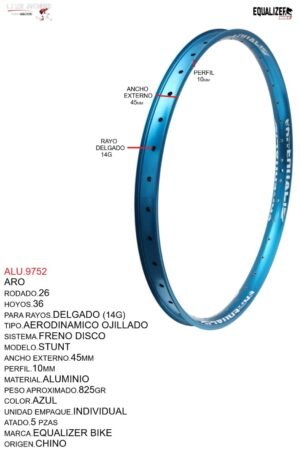 ARO 26X36 AERODINAMICO OJILLADO(45MM) MODELO STUNT MARCA EQUALIZER COLOR AZUL