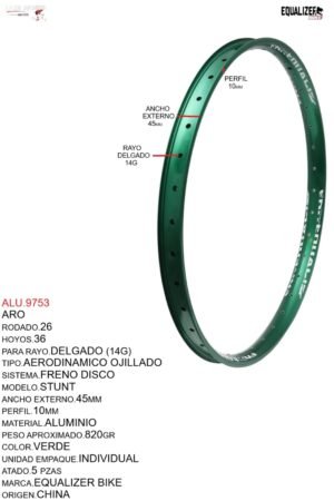 ARO 26X36 AERODINAMICO OJILLADO  (45MM) MODELO STUNT MARCA EQUALIZER COLOR VERDE