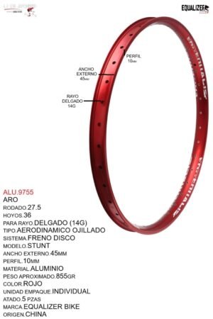 ARO 27.5X36 AERODINAMICO OJILLADO EQUALIZER BIKE (45MM) MODELO STUNT MARCA EQUALIZER COLOR ROJO