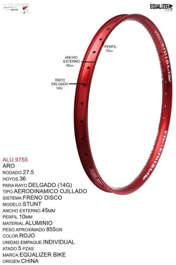 ARO 27.5X36 AERODINAMICO OJILLADO EQUALIZER BIKE (45MM) MODELO STUNT MARCA EQUALIZER COLOR ROJO
