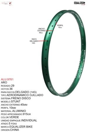 ARO 29X36 AERODINAMICO OJILLADO EQUALIZER BIKE (45MM) MODELO STUNT MARCA EQUALIZER COLOR VERDE
